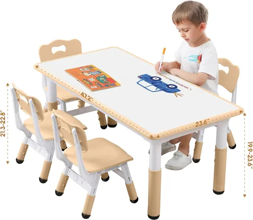 Vista 7 de Juego de mesa y silla para niños, altura ajustable, juego de mesa y silla para niños pequeños y 6 sillas con escritorio a prueba de grafiti, patas