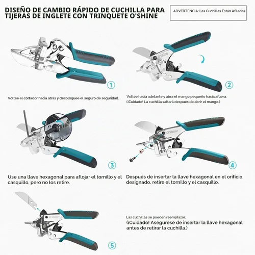Vista 4 de O'Shine Tijeras de inglete de trinquete, reducción de fuerza del 80% para corte angular, moldeo de madera de PVC, herramienta de corte redondo de 45