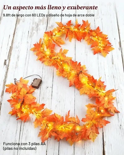 Vista 2 de Guirnalda de otoño de 60 luces LED de 9.8 pies con luces, 8 modos de iluminación, luces de hojas de arce alimentadas por pilas, decoraciones