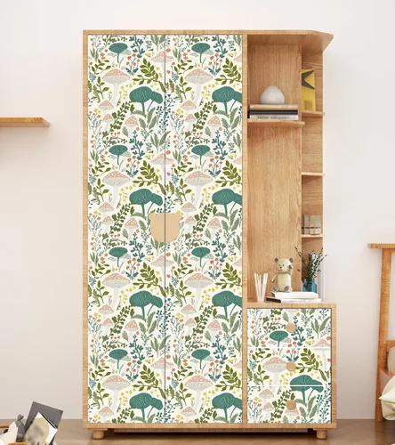 Vista 8 de Papel tapiz floral de hongos rosados para despegar y pegar, papel de contacto bohemio con hojas verdes claras, acuarela, colorido mural de pared