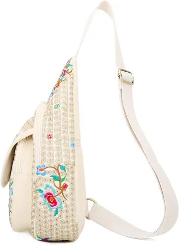 Vista 3 de SILKAREA Bolso bandolera pequeño floral vintage para mujer, bolso de mano, bolso de hombro, mochila bordada de viaje (beige rojo)