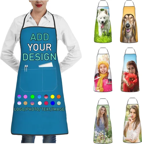 Vista 31 de Delantal personalizado con 2 bolsillos, personalizable con nombre, texto, logotipo, foto, cocina, horneado, delantal de cocina para mujeres y hombres