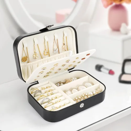 Vista 2 de Mpeyuiltic Joyero de viaje, estuche de joyería portátil de piel sintética pequeño para mujeres y niñas, organizador de joyas de viaje de doble capa
