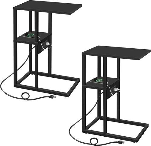Vista 8 de TUTOTAK - Mesa auxiliar en forma de C con estación de carga, mesa lateral, mesa de sofá para espacios pequeños, bandeja de TV con 2 puertos USB