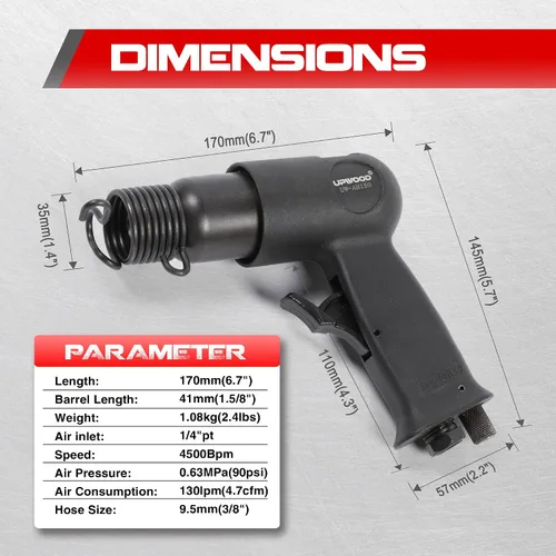 Vista 2 de Kit de martillo de aire de cañón corto UPWOOD UW-AH150 con retenedor de cambio rápido y 4 cinceles, trazo de 1-5/8 pulgadas, 4500 RPM, peso ligero