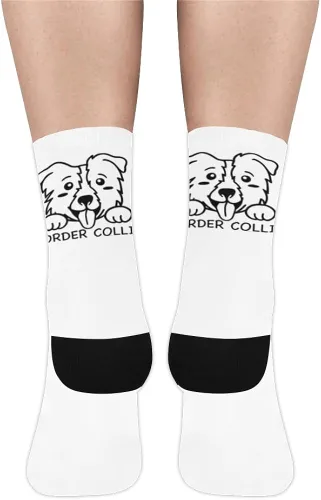 Vista 2 de Calcetines blancos para mujeres y hombres, lindo diseño con borde collie para perros en ellos, genial diseño novedoso para el trabajo, gimnasio