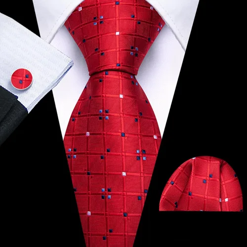 Vista 17 de Barry.Wang Juego de corbatas a cuadros para hombre con pañuelo gemelos de rayas clásicas
