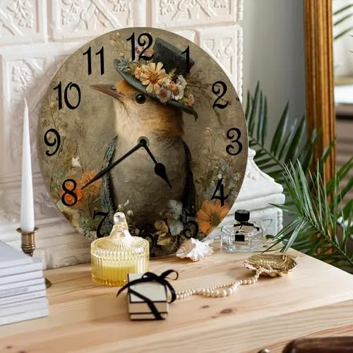 Vista 3 de Reloj de pared retro francés con diseño de pájaro de pared, funciona con pilas, reloj de pared redondo de 10 pulgadas con diseño de pájaro