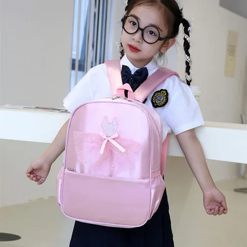 Vista 2 de Mochila de nailon para niñas, bolsa de almacenamiento de ballet rosa, decoración de lentejuelas, bolsa de escuela para niños, Rosado, Fresco y dulce
