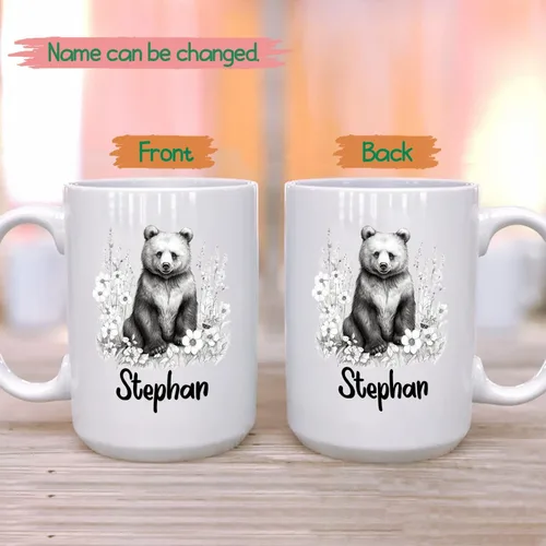 Vista 2 de Taza de café con nombre personalizado de oso de 11 y 15 onzas, taza de cerámica blanca con dibujo a lápiz de oso personalizado, regalo para niños