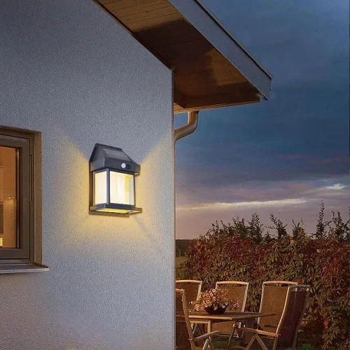 Vista 7 de Luces solares de pared para exteriores, lámpara inalámbrica de porche del atardecer al amanecer, linterna solar de pared con 3 modos y sensor
