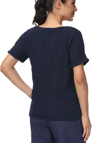Vista 4 de Soojun - Blusa de algodón y lino para mujer, cuello redondo, diseño entramado