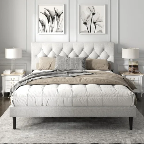 Vista 11 de HAOARA Armazón de Cama de Plataforma Tamaño Completo con Cabecera Tapizada con Botones Capitoné, Base de Colchón con Soporte de Listones de Madera