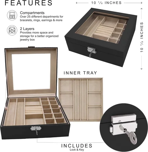 Vista 2 de Joyero personalizado con bandeja extraíble, organizador, cerradura, llave y parte superior de cristal, monograma y grabado personalizado