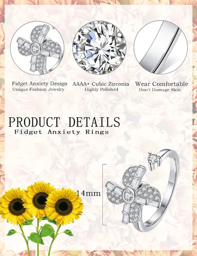 Vista 2 de Akeoqi Anillos giratorios para la ansiedad, para aliviar el estrés, tamaño ajustable, diseño abierto, anillo giratorio con incrustaciones