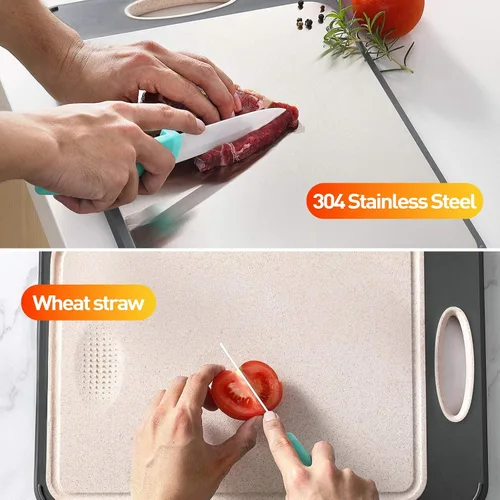 Vista 3 de APSARAS USA Tabla de cortar de doble cara, tabla de cortar de acero inoxidable de grado alimenticio para cocina, paja de trigo PP, tabla de cortar