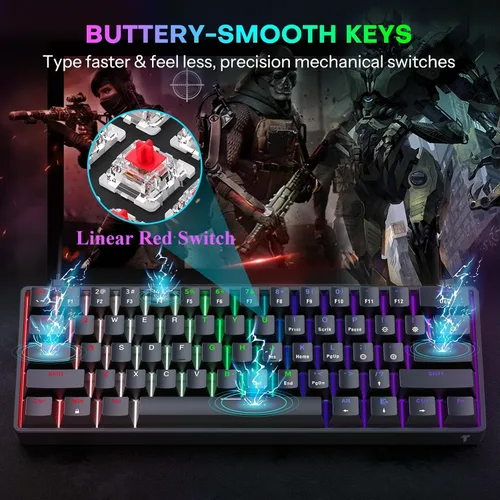 Vista 4 de TECURS Teclado mecánico compacto 60% para MacWindowsPC, ideal para oficina y juegos, teclado con cable retroiluminado RGB de 61 teclas
