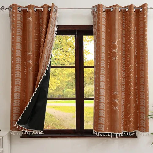 Vista 19 de Cortinas Boho ColorBird Beige Crema opacas, 2 paneles de 63 pulgadas de largo, tratamiento para ventanas con aislamiento térmico, estampado