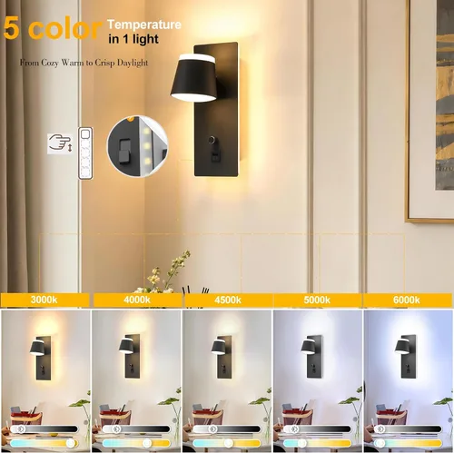 Vista 2 de Sytmhoe Aplique de pared LED con interruptor de atenuación, moderna lámpara de pared regulable con puerto USB + tipo C, iluminación montada