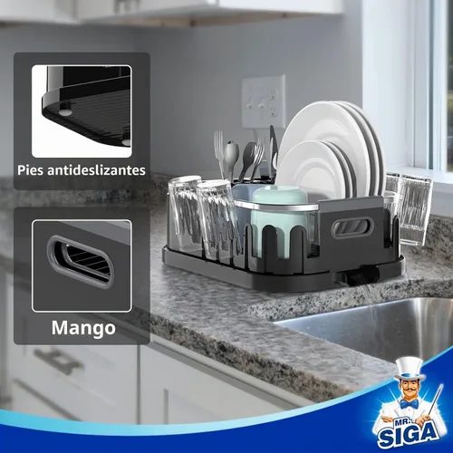 Vista 3 de MR.SIGA - Escurridor de platos para encimera de cocina, escurridor compacto con tabla de escurrir, soporte para utensilios y portavasos, escurridor