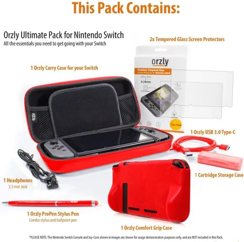 Vista 8 de Orzly Switch Accessories Bundle Carry Case for Nintendo Switch Console (NOT OLED MODEL) Tempered Glass Screen Protectors, USB Charging Cable