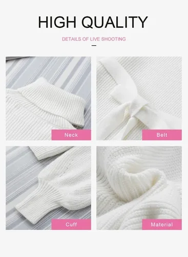 Vista 3 de Dokotoo Suéteres de cuello alto para mujer, manga larga, cintura con cinturón, suéter de punto