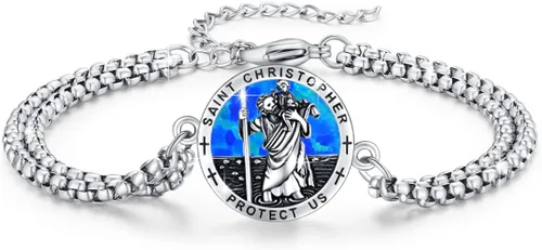 Vista 18 de Pulsera unisex de San Miguel/Cristóbal/Benedicto/Jude/José/Guadalupe/Ángel de la Guarda/Santa Muerte Pulsera de plata de ley 925 con cadena de doble