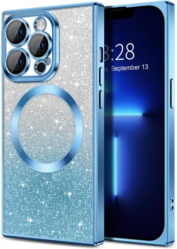 Vista 45 de Hython Funda para iPhone 13 Pro transparente con purpurina magnética [compatible con MagSafe] Protector completo de lente de cámara delgado