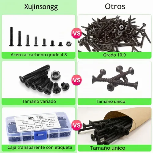 Vista 4 de Xujinsongg® Juego de tornillos de cabeza plana M3 y tuercas hexagonales, kit de 380 piezas de tornillos y tuercas Phillips negros con cabeza