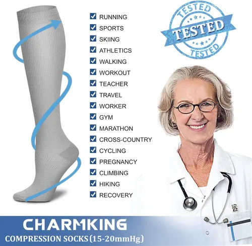 Vista 6 de CHARMKING Calcetines de compresión para mujeres y hombres (4 pares) de 15 a 20 mmHg es el mejor apoyo para atletismo, correr, ciclismo