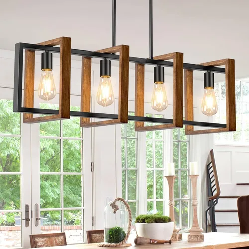 Vista 10 de Lámpara de comedor de 4 luces, lámpara de madera de granja de 53 pulgadas, iluminación de isla de cocina, sobre mesa, moderna lámpara colgante