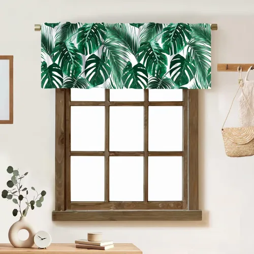 Vista 23 de Cortina de cenefa de hojas verdes tropicales, diseño de hojas de palmera, cenefa con bolsillo para barra, 1 panel, cortinas cortas para cocina