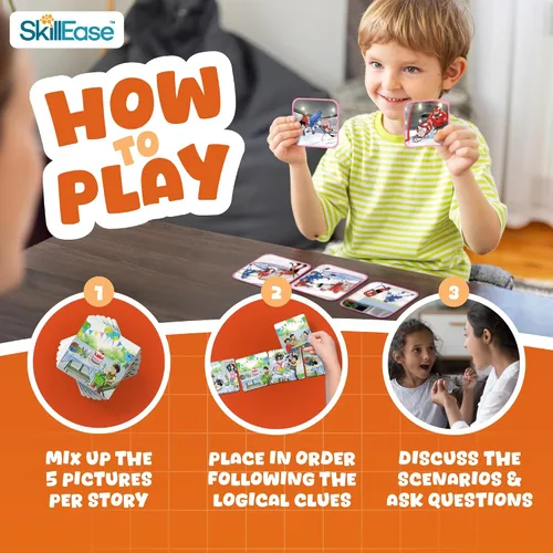 Vista 6 de SkillEase Story Cues 2 tarjetas de secuenciación experta, materiales de terapia del habla, juego de habilidades sociales, juegos de estudiantes