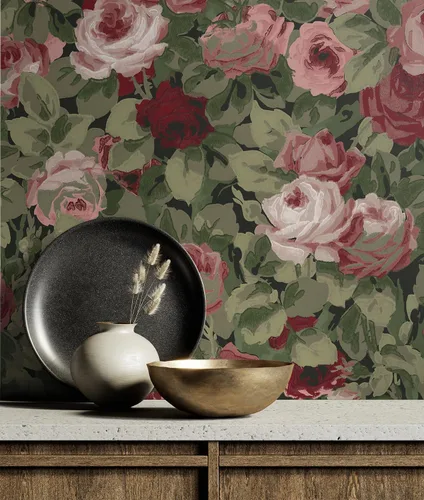 Vista 6 de NextWall Rose Garden Papel Tapiz Floral de Despegar y Pegar (Granate y Albahaca)