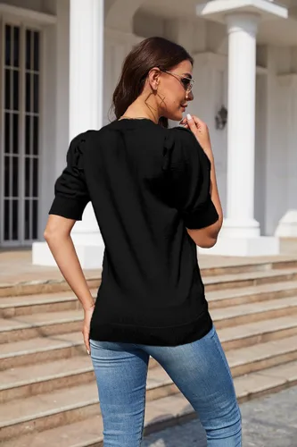 Vista 5 de UNCLECAT Suéteres de manga corta abullonada para mujer, camisetas de primavera 2024, camisetas casuales
