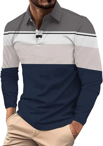 Vista 7 de Camisas polo de manga larga con estampado a rayas para hombre, camiseta de golf para exteriores, cuello en V, camiseta clásica de negocios
