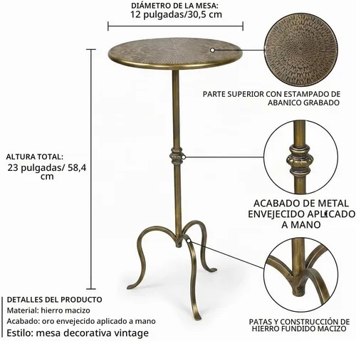 Vista 3 de Mesa auxiliar de metal, estilo Martini, mesa de centro vintage pequeña, redonda, 23 pulgadas, para sala de estar, dormitorio, antigua