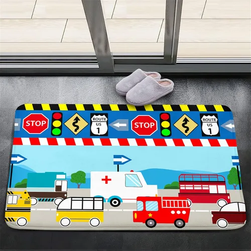 Vista 18 de Alfombra de construcción – Alfombras de construcción para habitación de niños, divertido diseño de camión de dibujos animados, alfombra de coche
