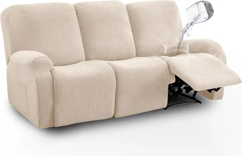 Vista 9 de vctops Funda repelente al agua para silla reclinable de 4 piezas con bolsillo lateral, diseño de hojas de jacquard, elástica, suave, protector