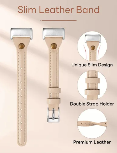 Vista 4 de Wearlizer Correa de cuero compatible con correas Fitbit Charge 5/6, correa de reloj de cuero delgada de repuesto para mujeres y hombres Beige