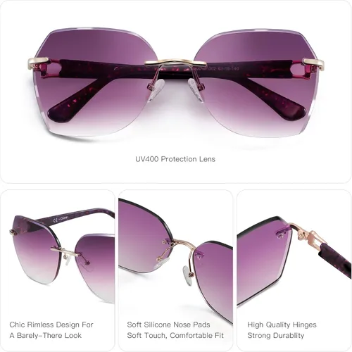 Vista 16 de ZENOTTIC Lentes de sol sin montura de gran tamaño para mujer, diseño geométrico de corte de diamante, lentes degradados, protección UV, tonos de moda