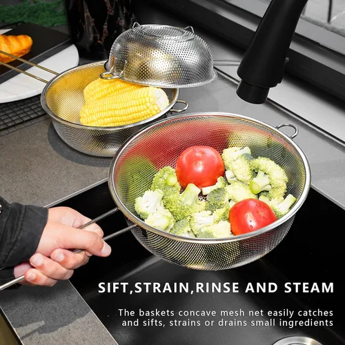 Vista 4 de Colador de malla fina de metal y colador para cocina con asa, colador de pasta de acero inoxidable/embudo de cocina/colador/colador para colar/lavar