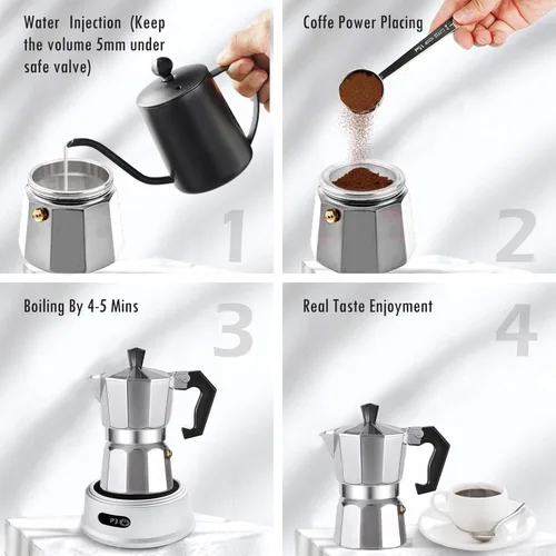 Vista 7 de Moka Pot - Cafetera y cafetera para estufa, cafetera italiana, cafetera Greca, cafeteras, plata (6 tazas)