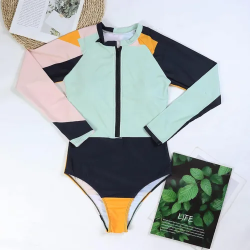 Vista 4 de Traje de baño de una pieza con estampado de manga larga con cremallera para mujer