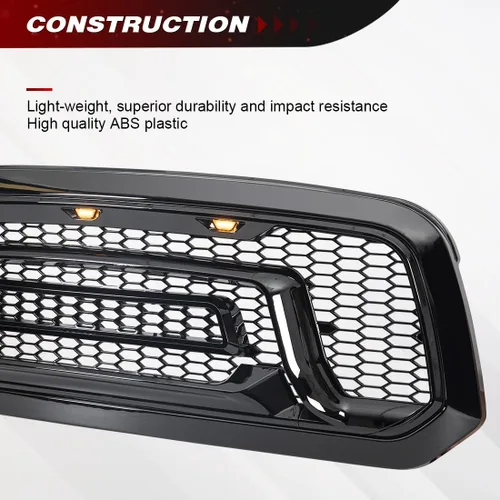 Vista 3 de Rejilla frontal negra brillante compatible con Dodge Ram 1500 2013-2018, Ram 1500 Classic 2019-2023, con luces ámbar (sin letra "RAM")