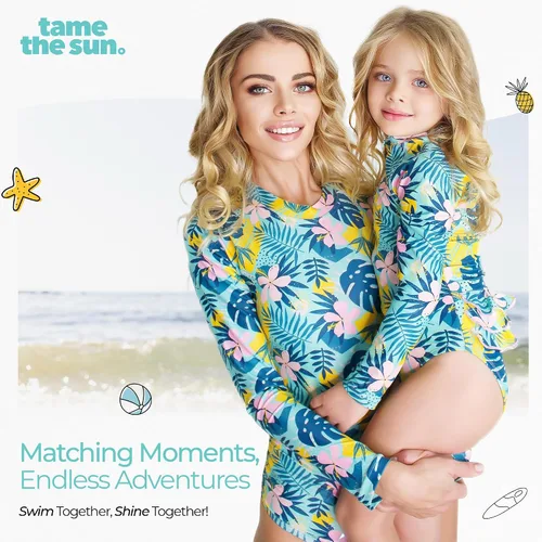 Vista 4 de Tame the Sun Traje de baño de manga larga para niña, con volantes, UPF 50+ con cremallera, traje de baño para edades de 3 a 12 años