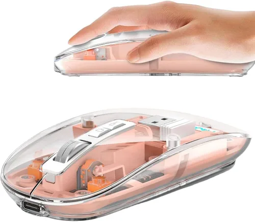 Vista 7 de Ratón inalámbrico transparente Bluetooth delgado trimodo luz LED transparente, ultraligero, inalámbrico, compacto, recargable, ergonómico
