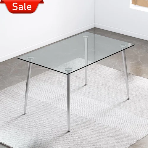 Vista 4 de Mesa de comedor rectangular moderna y minimalista de cristal para 4 y 6 personas con mesa de vidrio templado de 0.31 pulgadas y patas de metal