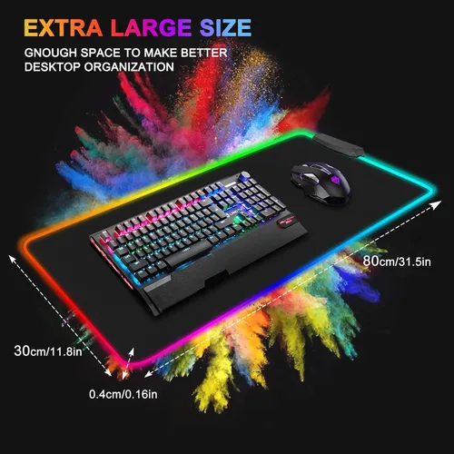 Vista 3 de PECHAM Alfombrilla de mouse RGB para juegos con 4 puertos USB y 14 luces LED alfombrilla de mouse grande extra extendida de 0157in base de goma