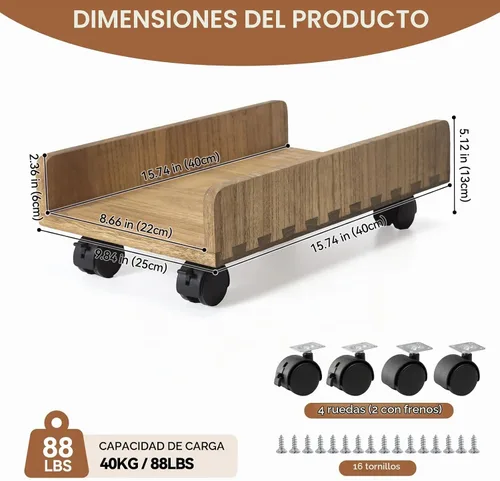 Vista 3 de KIRIGEN Soporte de torre de madera para computadora con ruedas, carrito de Carrito de madera de 15.74 x 9.84 x 5.12 pulgadas con 4 ruedas giratorias